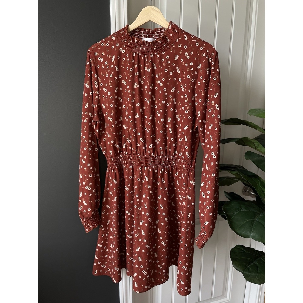 Vestique L Rust White Floral Long Sleeve Fit & Flare Dress Ruffle Smocked